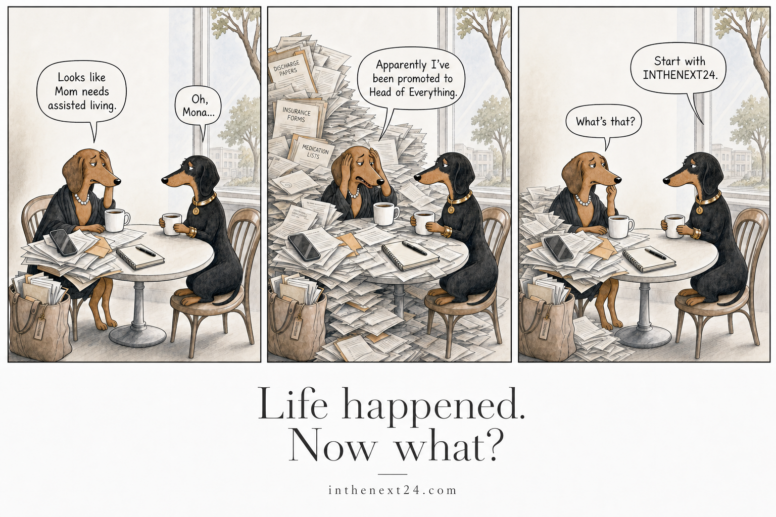 Three-panel cartoon: Mona, a brown dachshund in pearls, tells her friend DaVinci, a calm black dachshund, that her mom needs assisted living. Buried in paperwork she says she's been promoted to Head of Everything. DaVinci answers: Start with INTHENEXT24. Below: Life happened. Now what?