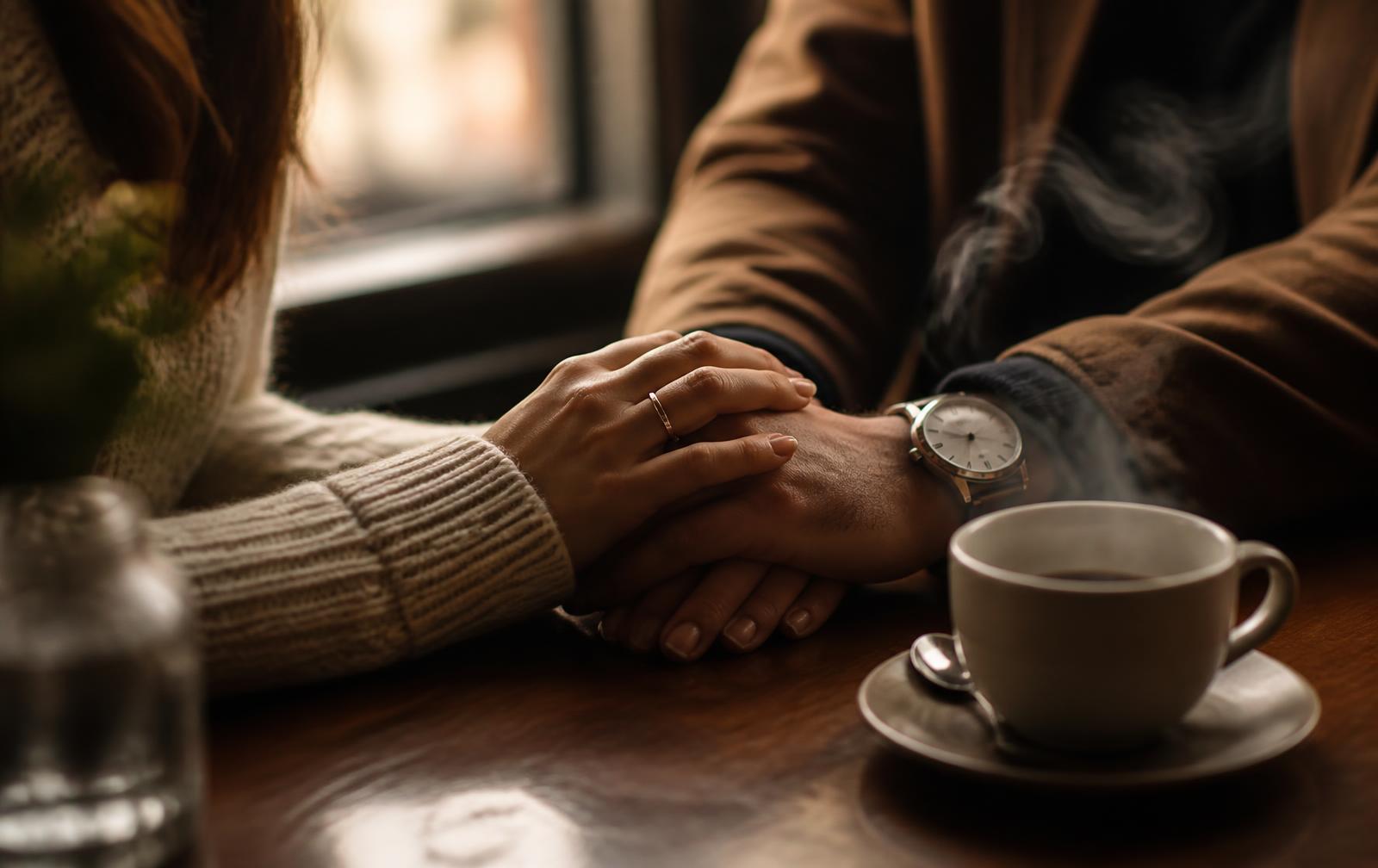 Two people sitting together at a table, one hand resting on another beside a warm cup of coffee