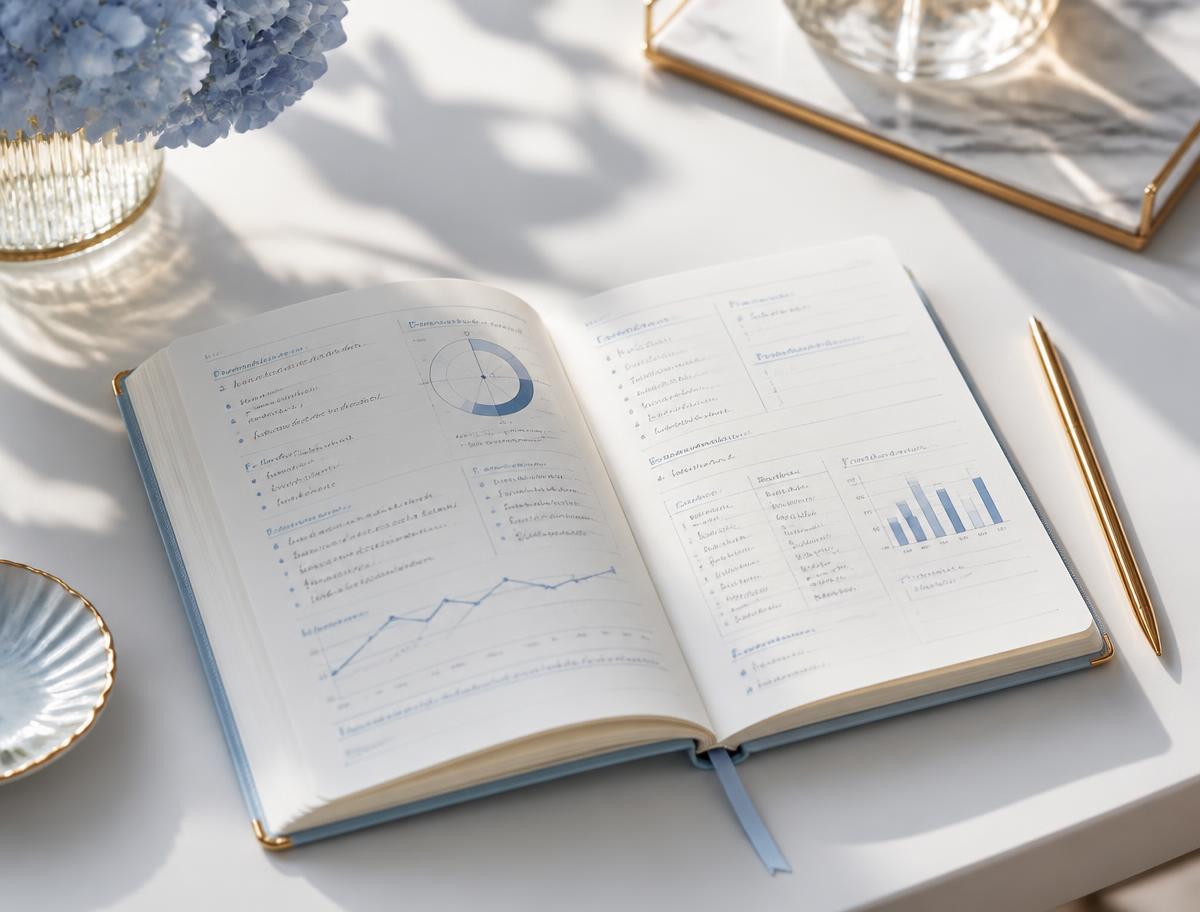 A written companion open on a bright table beside a slim gold pen