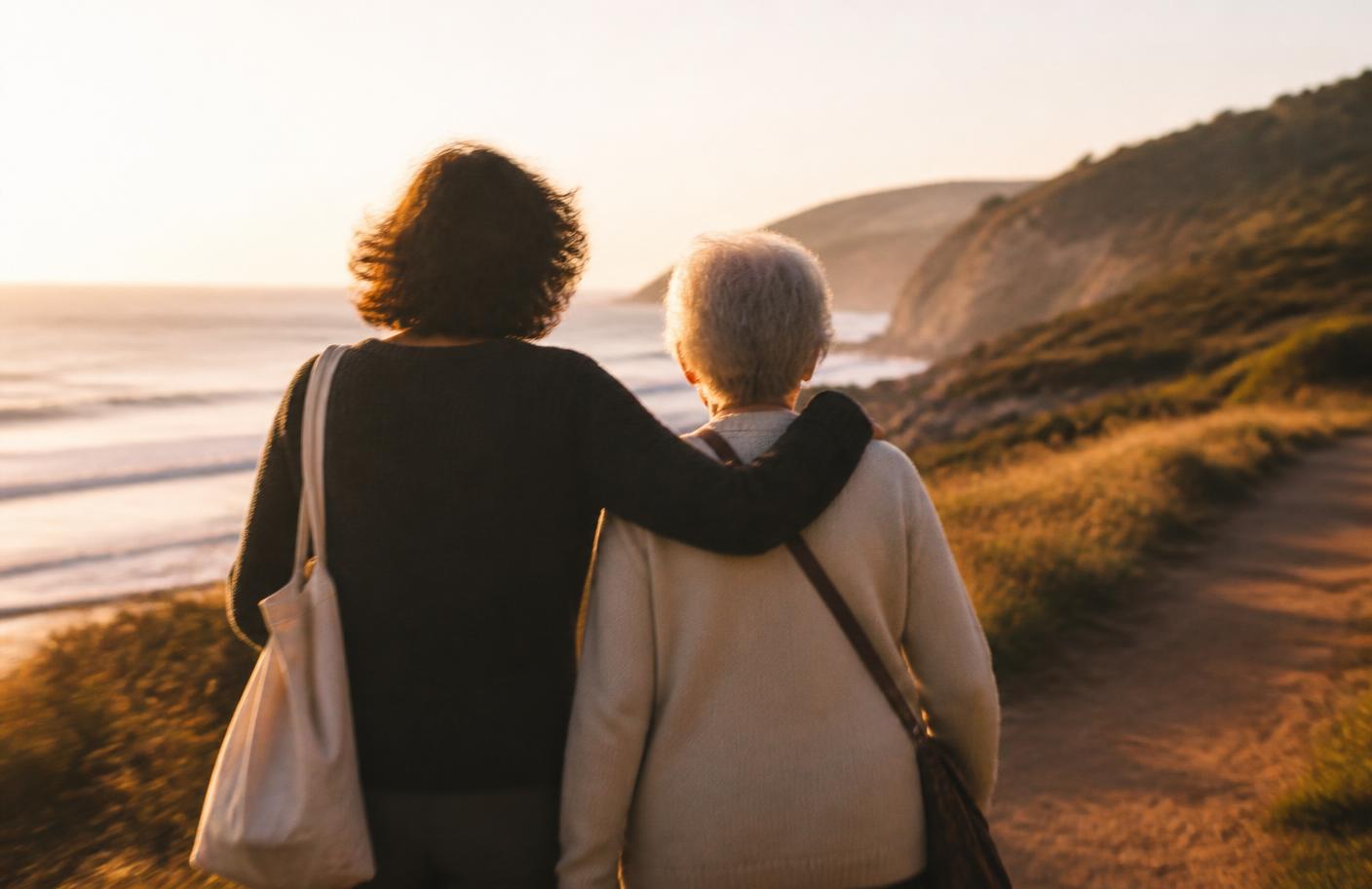Two people walking together along a sunlit coastal path at golden hour